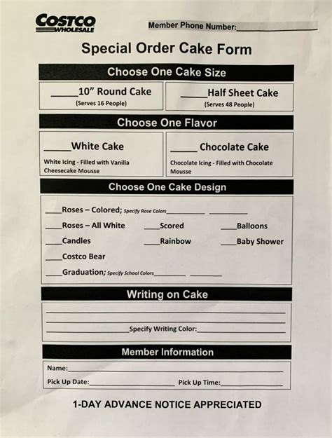 Costco Cake Order Form Printable - Printable Forms Free Online