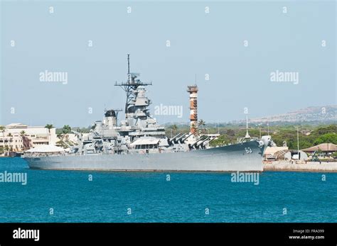 View of the USS Missouri (BB-63) from the water in Pearl Harbor; Oahu ...