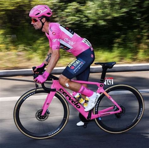 a man riding a pink bike down a street with trees in the backgroud