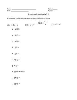 Function Notation Worksheet 2 by camfan54 | Teachers Pay Teachers