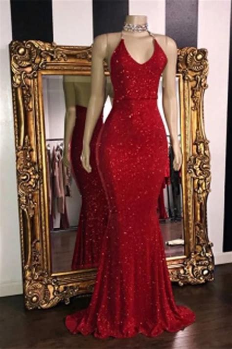 Simple V Neck Red Glitter Sequins Prom Dresses Mermaid Halter Backless ...