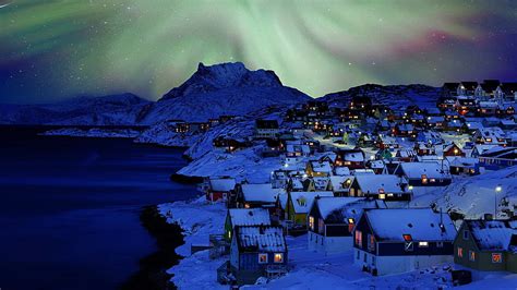 Nuuk Old Town Northern Light, Greenland, night, sea, winter, art, town ...