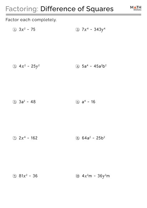 Factoring Difference of Squares Worksheets - Math Monks