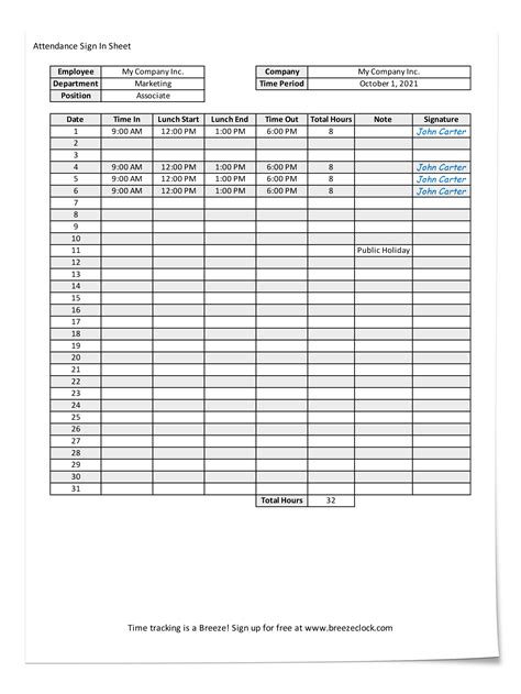 Free Attendance Sheet Template - Breeze Clock