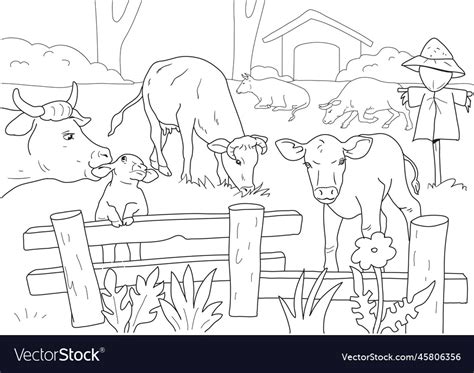 Cows eating grass on farm animal coloring page Vector Image