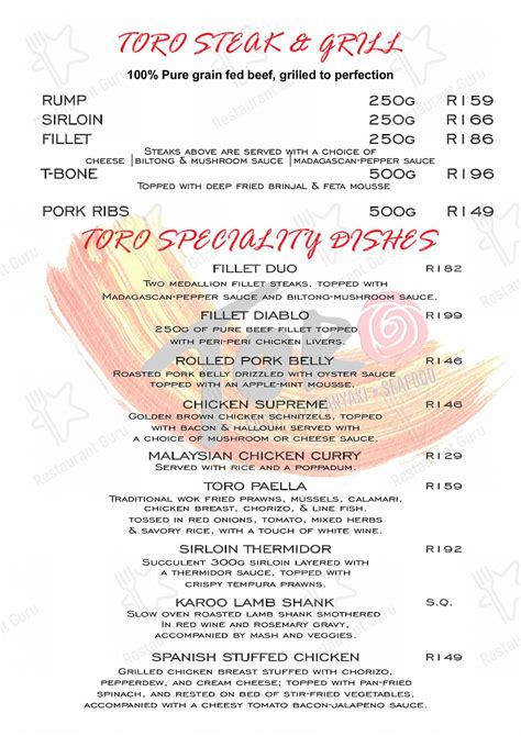 Menu at TORO Sushi, Teppanyaki & Seafood restaurant, Port Elizabeth