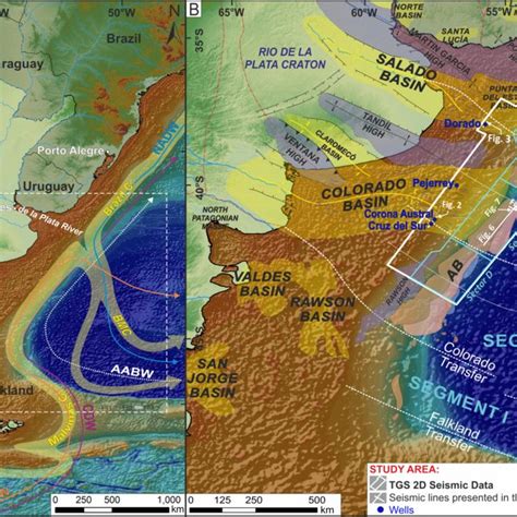 A) Isobath map of the seafloor (S) and B) isopach map of U5 (66-0 Ma ...