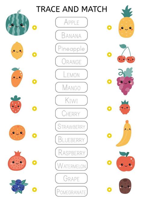 Trace and match words with the correct pictures. Funny fruits and ...