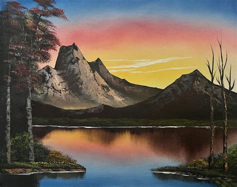 Bob Ross style original landscape oil painting “Mountain At Sunset ...