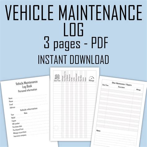 Vehicle Maintenance Log Printable PDF Instant Download Car Maintenance ...