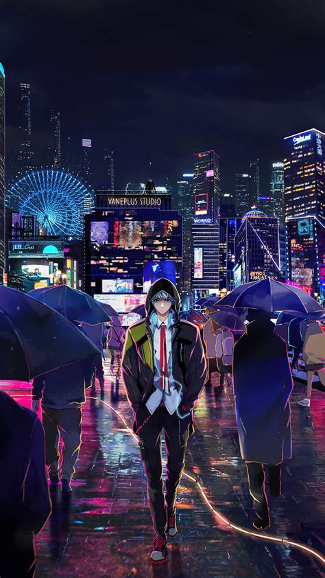 Night City Anime Boy Walking 4K #1280f Wallpaper PC Desktop