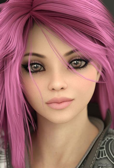 a woman with pink hair and green eyes