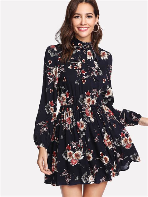 Tie Neck Flower Print Dress -SheIn(Sheinside)