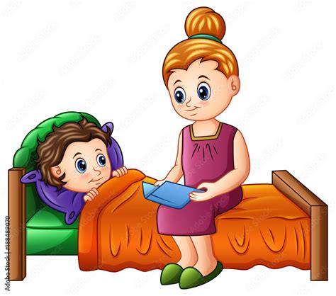 Cartoon mother reading bedtime story to her son before sleeping Stock ...