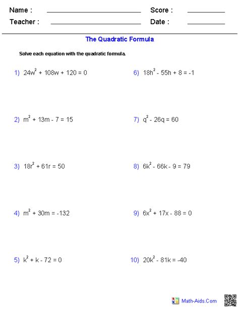 Algebra 1 Worksheets | Quadratic Functions Worksheets