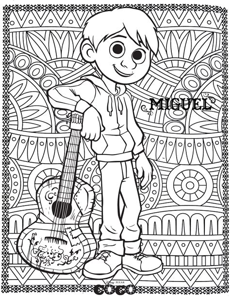 Miguel Rivera with patterns in background - Coco Coloring Pages for Kids