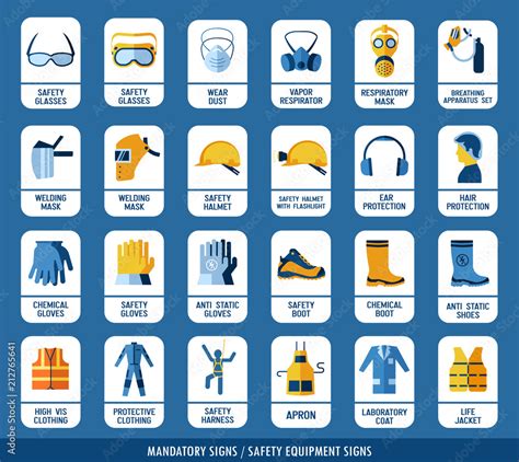 Collection of safety equipment. Set of safety and health protection ...