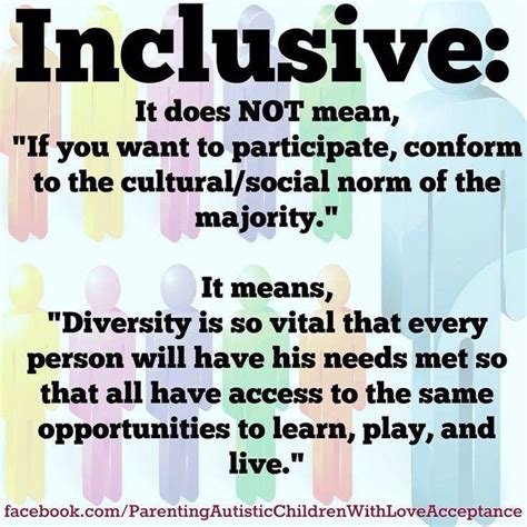 Inclusive: it does not mean conform to the majority but that everyone ...