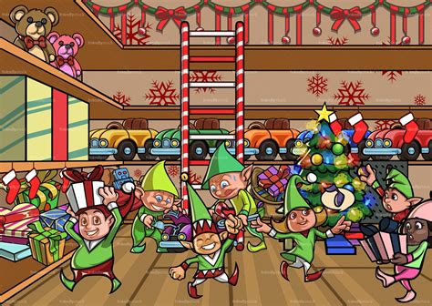 Elves Making Toys At Santa's Workshop Cartoon Scene - FriendlyStock