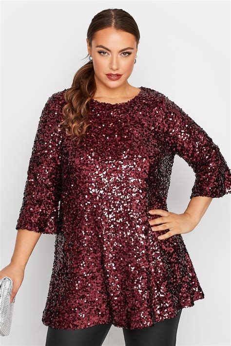 YOURS LONDON Plus Size Red Sequin Embellished Flute Sleeve Top | Yours ...