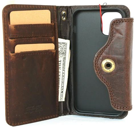 Genuine Natural Dark Leather Case For Apple iPhone 12 Mini Book Wallet ...