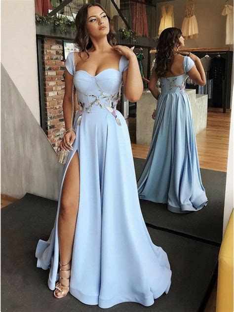 Custom Made Sweetheart Neck Light Blue Prom Dress with Cap Sleeves, Cap ...