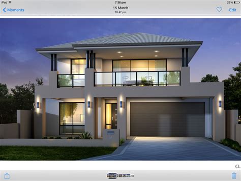 Two storey house facade, grey and black, balcony over garage, glass ...