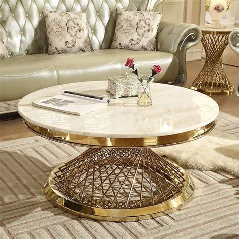 Coffee Table Luxury Round Center Marble Stainless Steel Living Room Ta ...