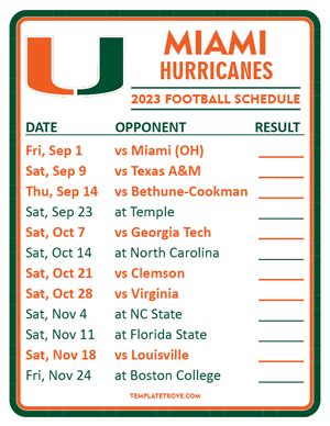 Printable 2023 Miami Hurricanes Football Schedule