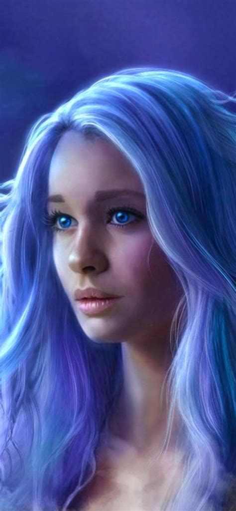 1242x2688 Blue Eyes Blue Hair Fantasy Girl Long Hair Woman Iphone XS ...