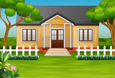 Cartoon house with green yard and wooden fence