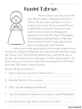 Harriet Tubman {READING COMPREHENSION} by Smarter Students | TPT