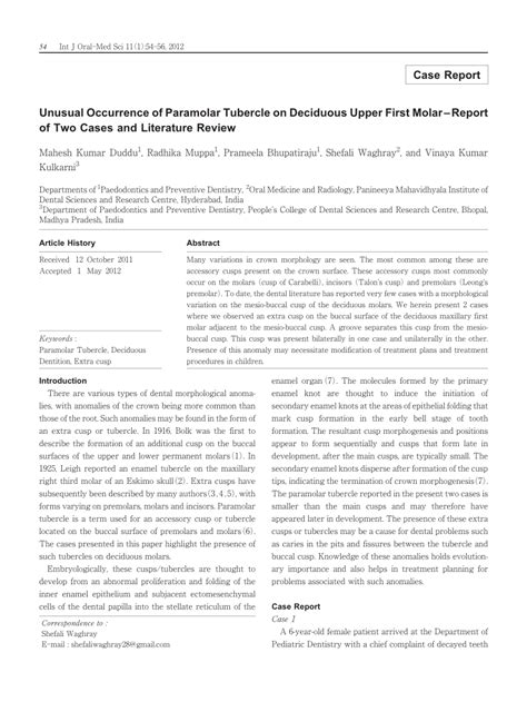 (PDF) Unusual Occurrence of Paramolar Tubercle on Deciduous Upper First ...