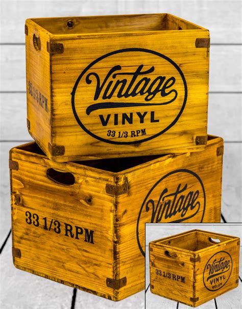 Set of 2 Antiqued Wooden "Vintage Vinyl" LP Record Storage Boxes