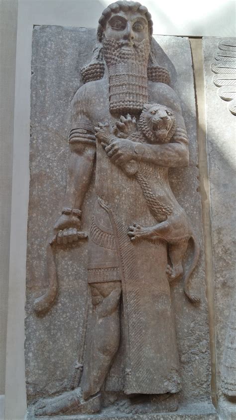 The Sumerian epic hero Gilgamesh holding a lion. Relief from the throne ...