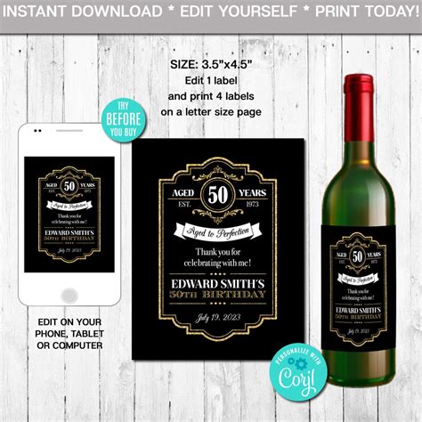 EDITABLE Wine Bottle Label, Aged to Perfection, Any Age, Gold, Whiskey ...