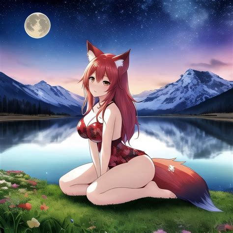 Anime Red Fox Girl Kneeling by the Lake Under the Moon. Digital Art ...