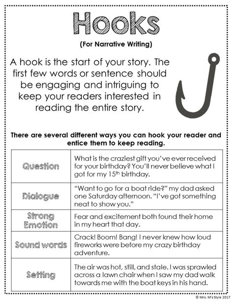 Narrative Writing Hooks Anchor Chart | Writing instruction, Essay ...