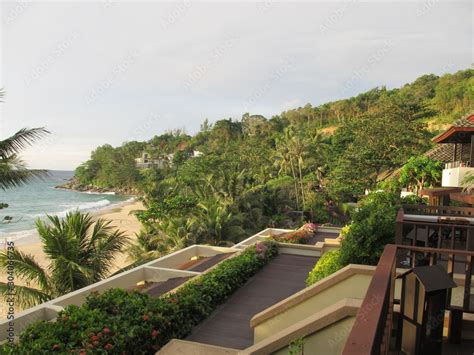 beautiful view from the balcony of the hotel on the ocean, palm trees ...