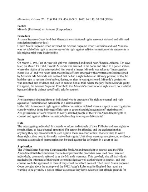 Case Brief Miranda v Arizona - Miranda v. Arizona (No. 759) 384 U. 436 ...