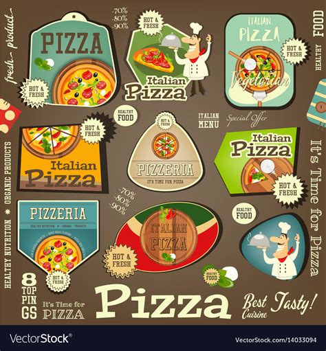 Pizza stickers set Royalty Free Vector Image - VectorStock