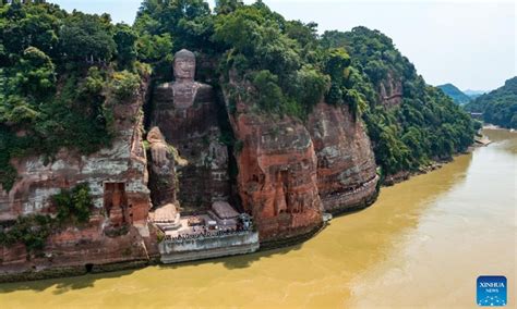 Base of Leshan Giant Buddha exposed due to decreasing water level ...