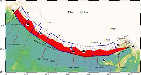 Himalayan Main Frontal Thrust Fault model. Dashed red lines indicate ...