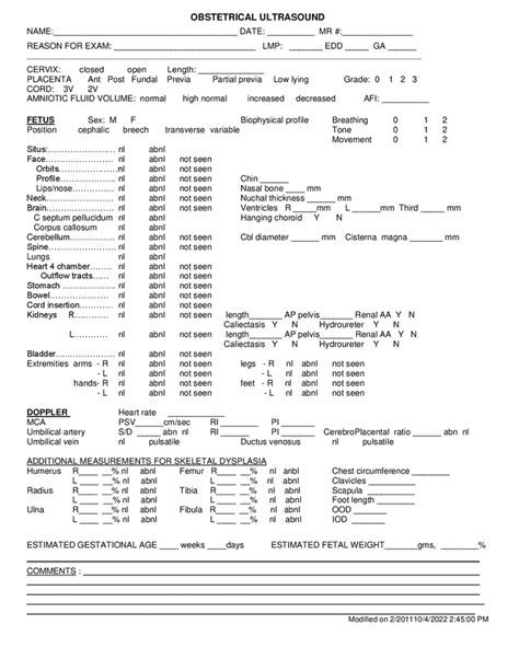 OB ultrasound report template in Word and Pdf formats