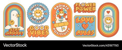 Groovy hippie 70s stickers funny cartoon flower Vector Image