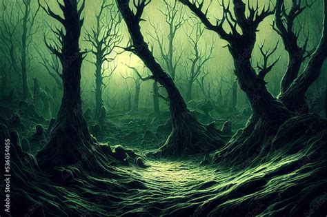 Realistic haunted spooky forest, creepy landscape at night. Fantasy ...