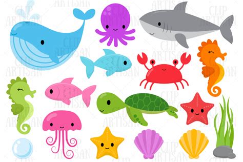 Sea Animals Clip Art, Ocean Creatures (438428) | Illustrations | Design ...