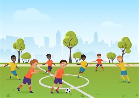 Premium Vector | Kids soccer game. Boys playing soccer football on the ...