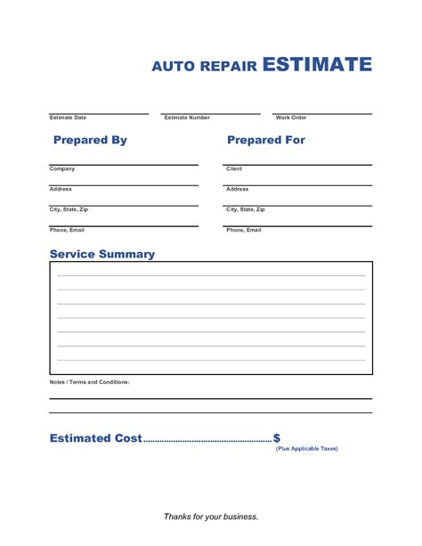 Auto Repair Estimate Template | Invoice Maker