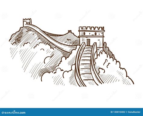 Great Wall Of China Monochrome Sketch Outline Vector Illustration ...